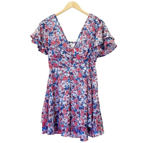 NWT Japna Americana Floral Ruffled Flutter Sleeve Mini Dress Red Blue Size Large - Picture 2 of 12
